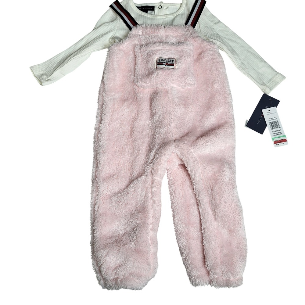Tommy Hilfiger Baby Girls 18M Pink Fuzzy Overalls & White Ribbed Long Sleeve Set